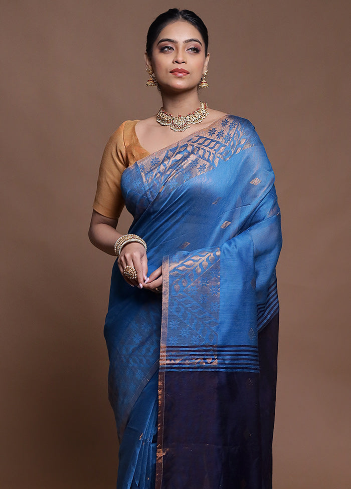 Blue Cotton Saree With Blouse Piece