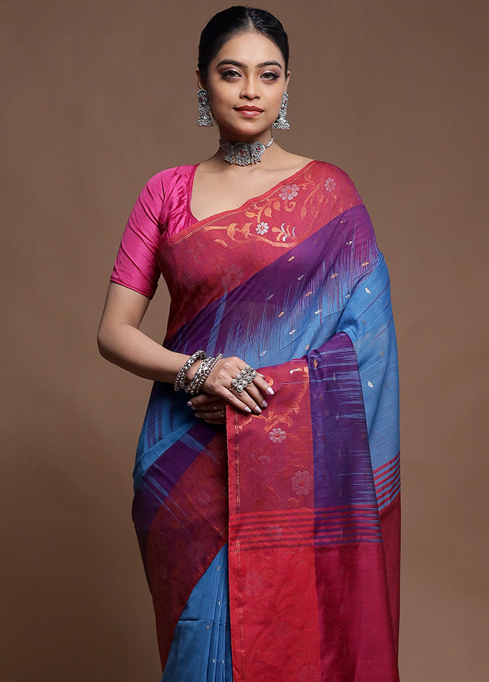 Blue Cotton Saree With Blouse Piece
