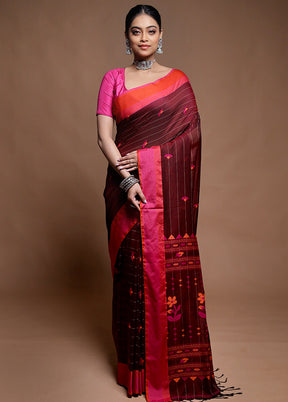 Maroon Cotton Saree With Blouse Piece
