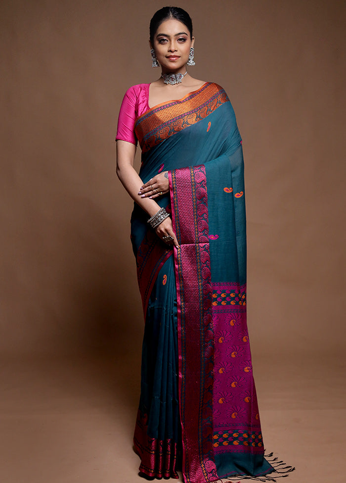 Green Cotton Saree With Blouse Piece