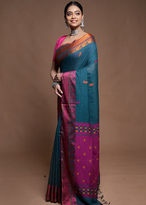 Green Cotton Saree With Blouse Piece