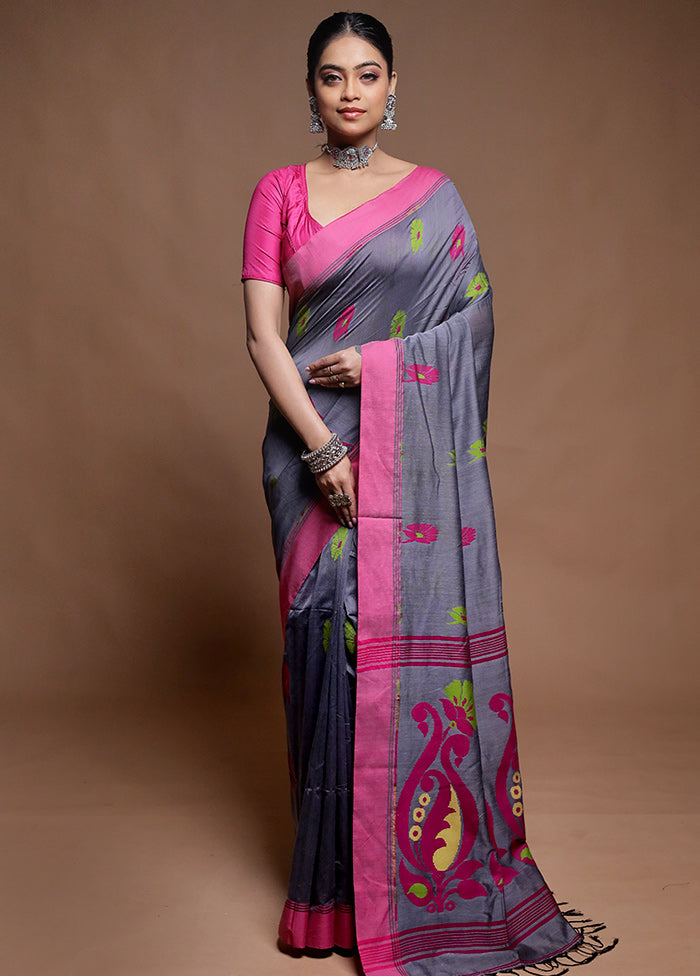 Grey Cotton Saree With Blouse Piece