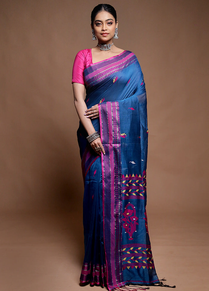 Blue Pure Cotton Saree With Blouse Piece