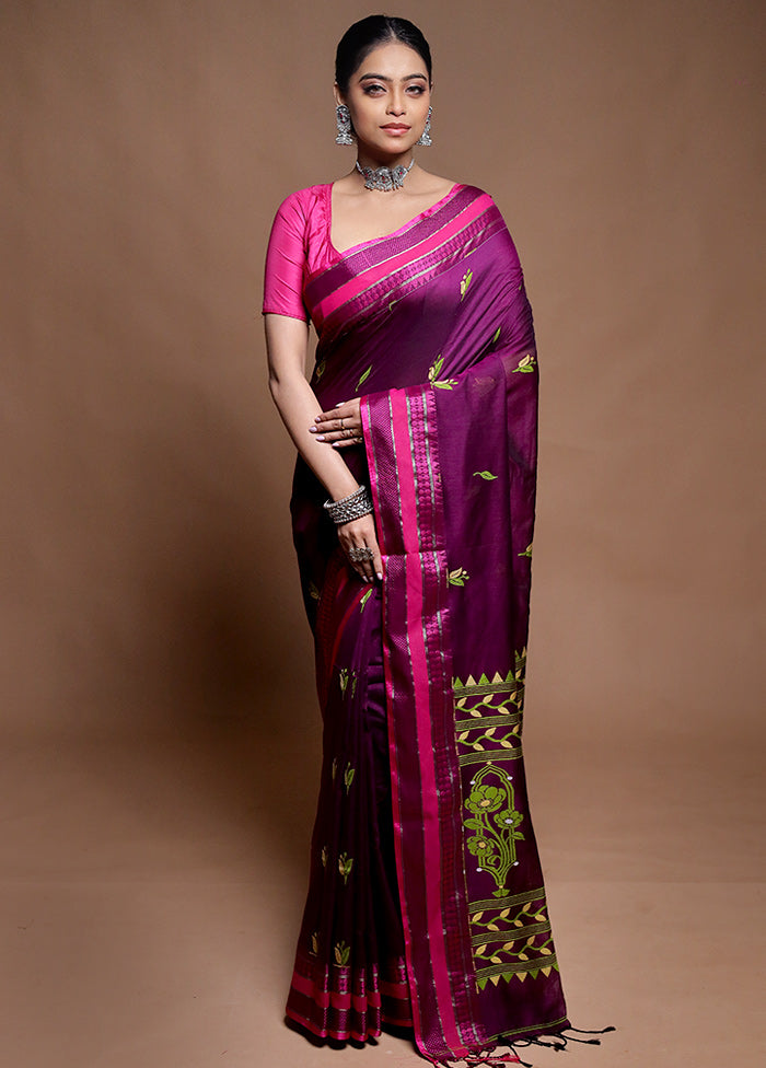 Purple Pure Cotton Saree With Blouse Piece
