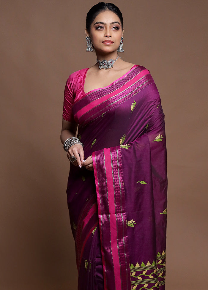 Purple Pure Cotton Saree With Blouse Piece