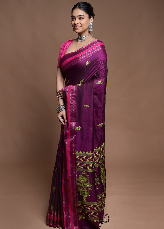 Purple Pure Cotton Saree With Blouse Piece