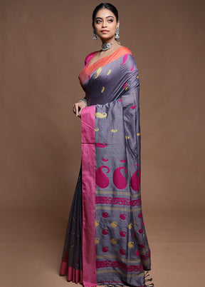 Grey Pure Cotton Saree With Blouse Piece