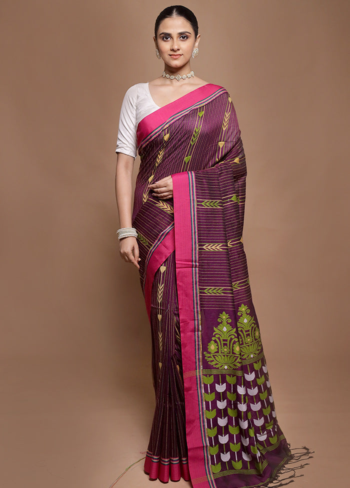 Purple Pure Cotton Saree With Blouse Piece