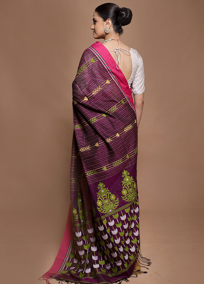 Purple Pure Cotton Saree With Blouse Piece