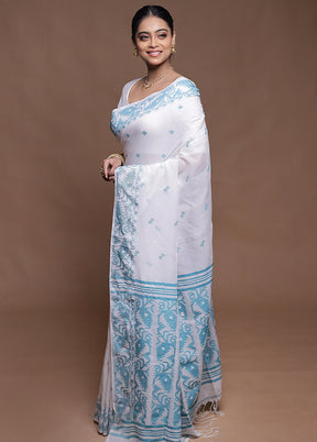 White Pure Cotton Saree With Blouse Piece