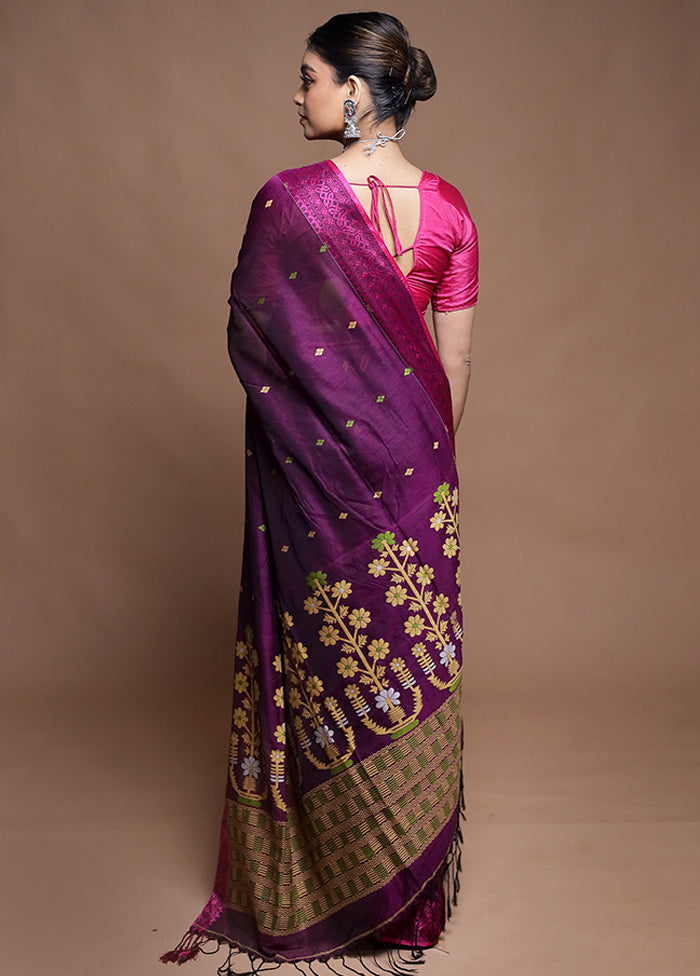 Purple Pure Cotton Saree With Blouse Piece