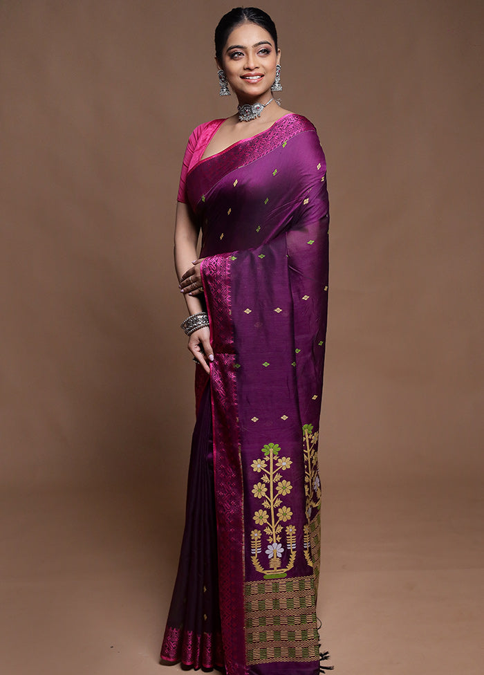 Purple Pure Cotton Saree With Blouse Piece