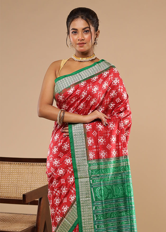 Red Handloom Bomkai Pure Silk Saree With Blouse Piece