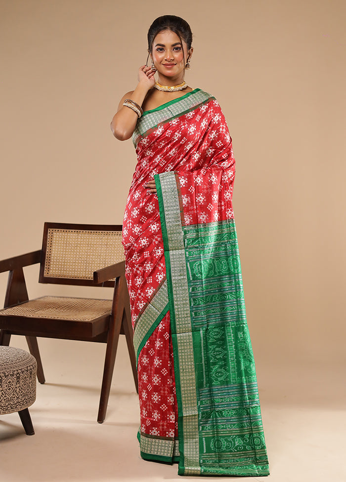 Red Handloom Bomkai Pure Silk Saree With Blouse Piece