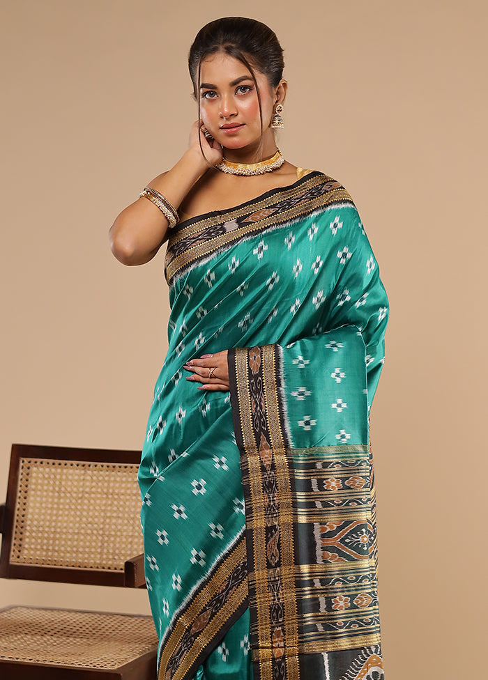 Green Handloom Ikkat Pure Silk Saree With Blouse Piece