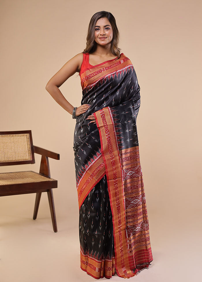 Black Handloom Ikkat Pure Silk Saree With Blouse Piece