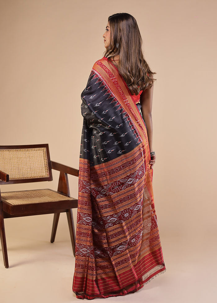 Black Handloom Ikkat Pure Silk Saree With Blouse Piece