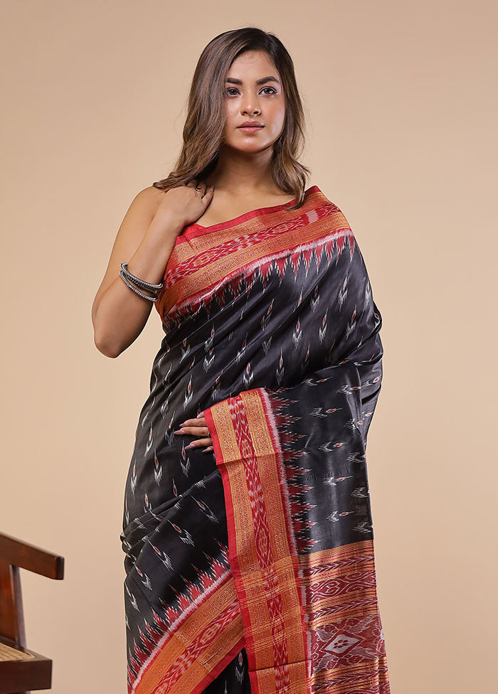 Black Handloom Ikkat Pure Silk Saree With Blouse Piece
