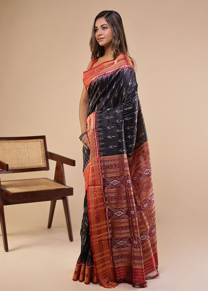 Black Handloom Ikkat Pure Silk Saree With Blouse Piece