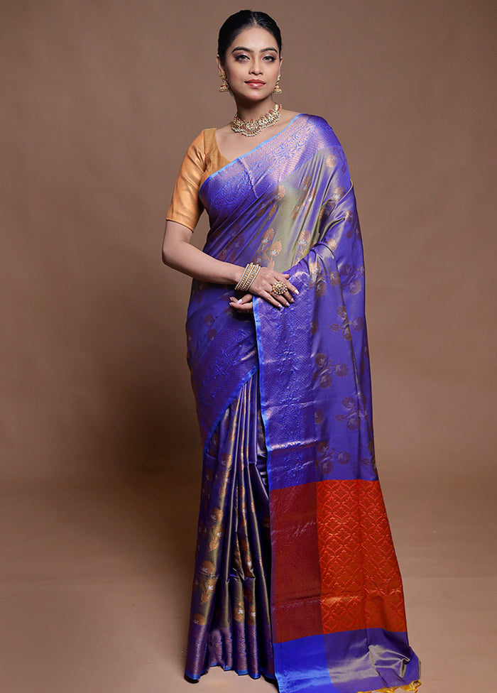 Blue Dupion Silk Saree With Blouse Piece