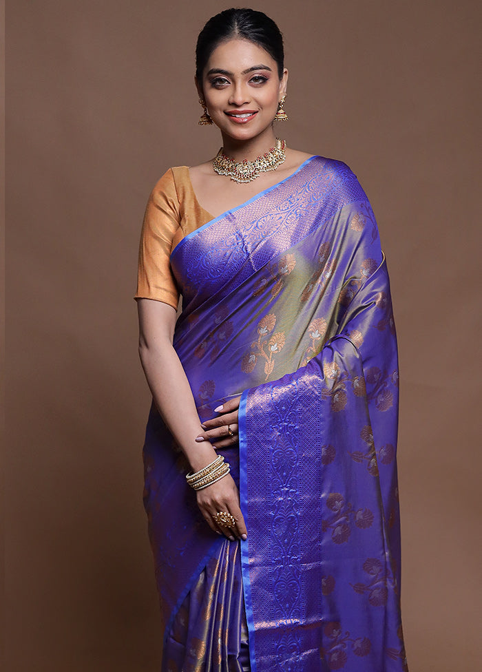 Blue Dupion Silk Saree With Blouse Piece