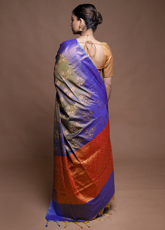Blue Dupion Silk Saree With Blouse Piece