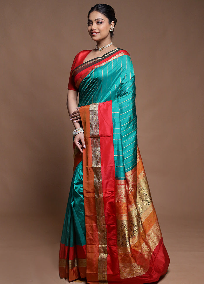 Green Handloom Kanchipuram Pure Silk Saree With Blouse Piece