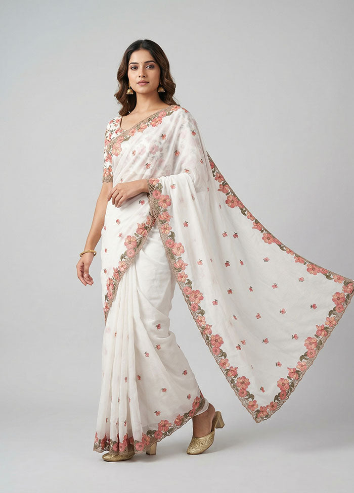 White Tussar Silk Saree With Blouse Piece