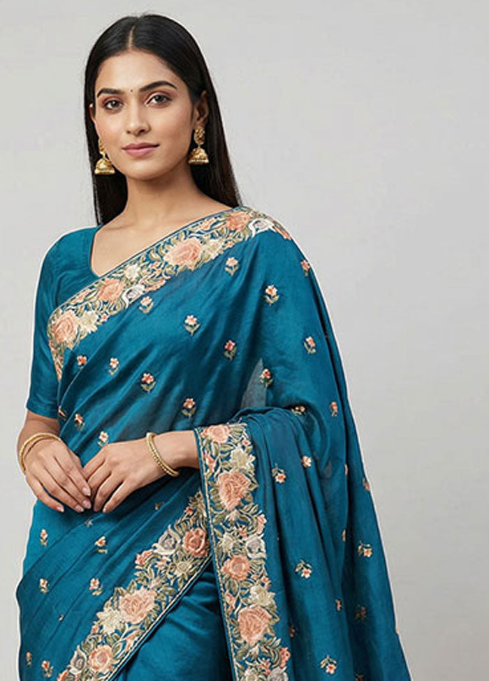 Blue Tussar Silk Saree With Blouse Piece