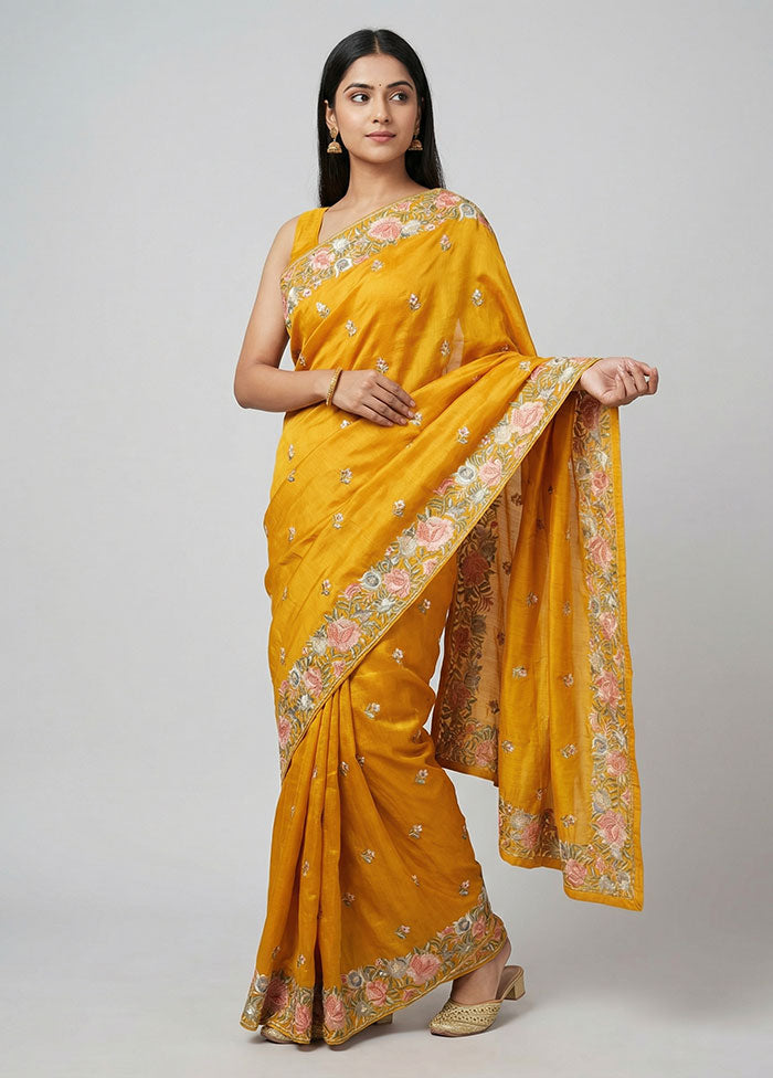 Yellow Tussar Silk Saree With Blouse Piece