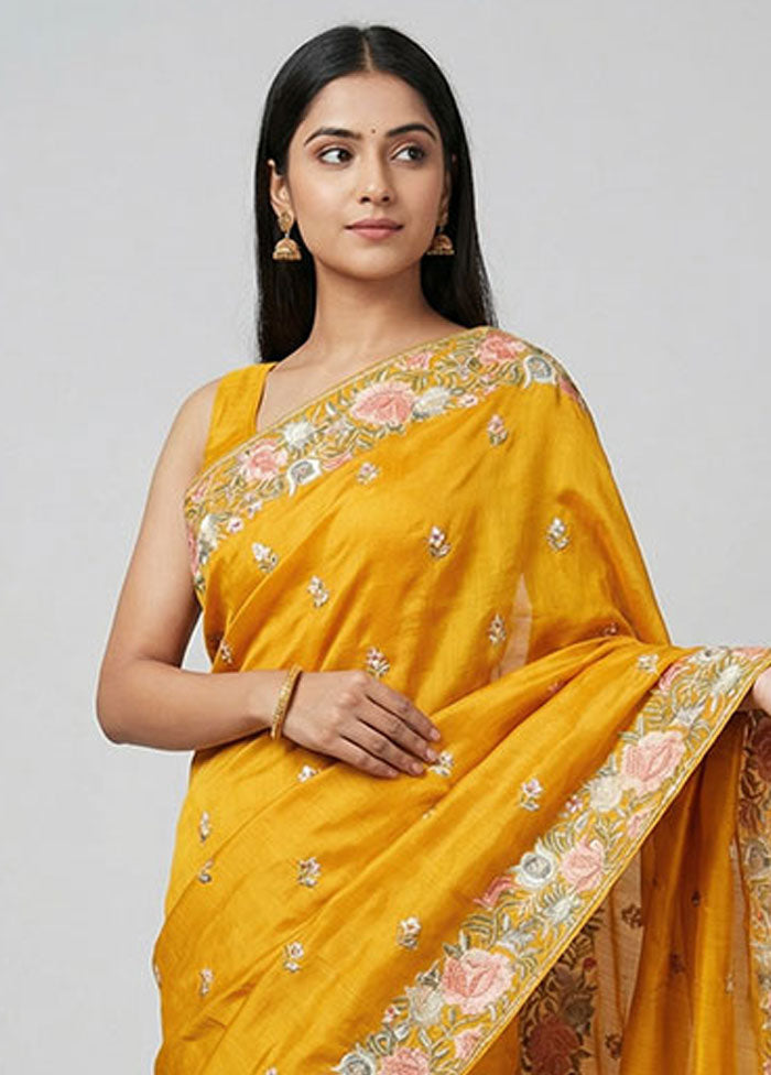 Yellow Tussar Silk Saree With Blouse Piece