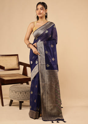 Blue Dupion Silk Saree With Blouse Piece