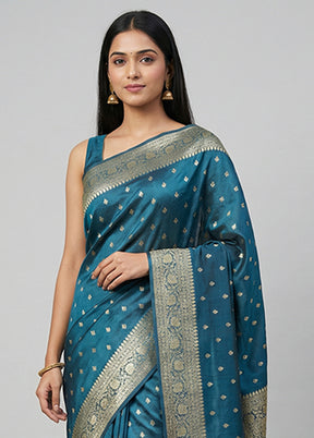 Blue Dupion Silk Saree With Blouse Piece