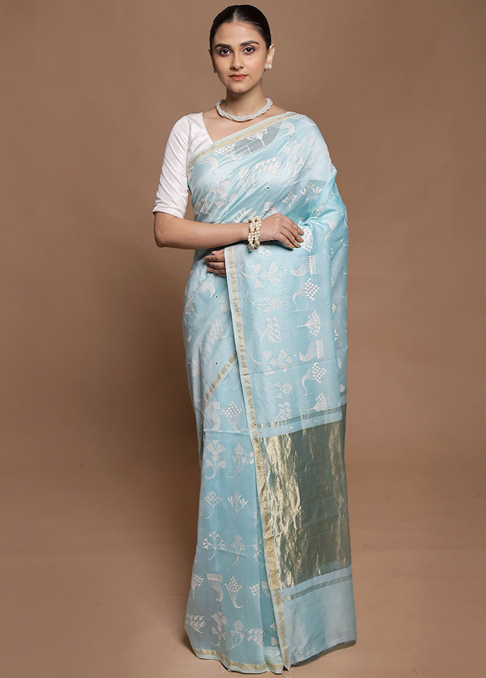 Blue Handloom Tussar Pure Silk Saree With Blouse Piece