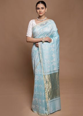 Blue Handloom Tussar Pure Silk Saree With Blouse Piece