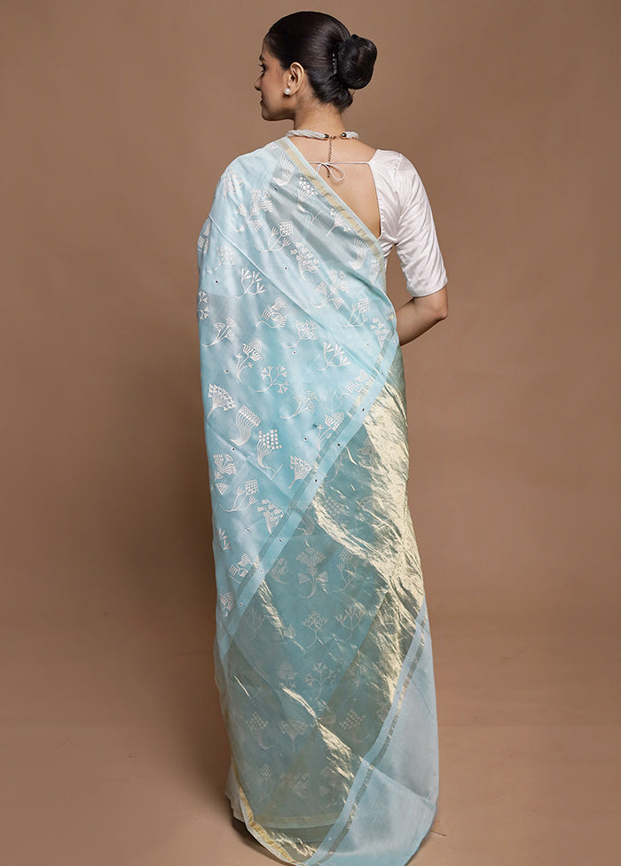 Blue Handloom Tussar Pure Silk Saree With Blouse Piece