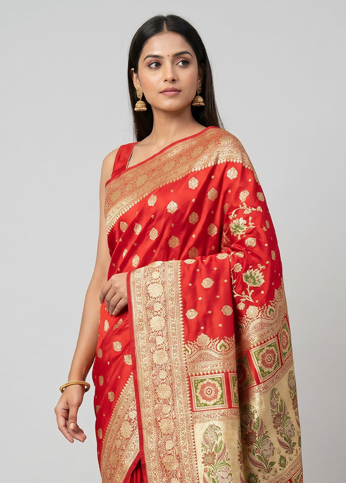 Red Handloom Banarasi Pure Silk Saree With Blouse Piece
