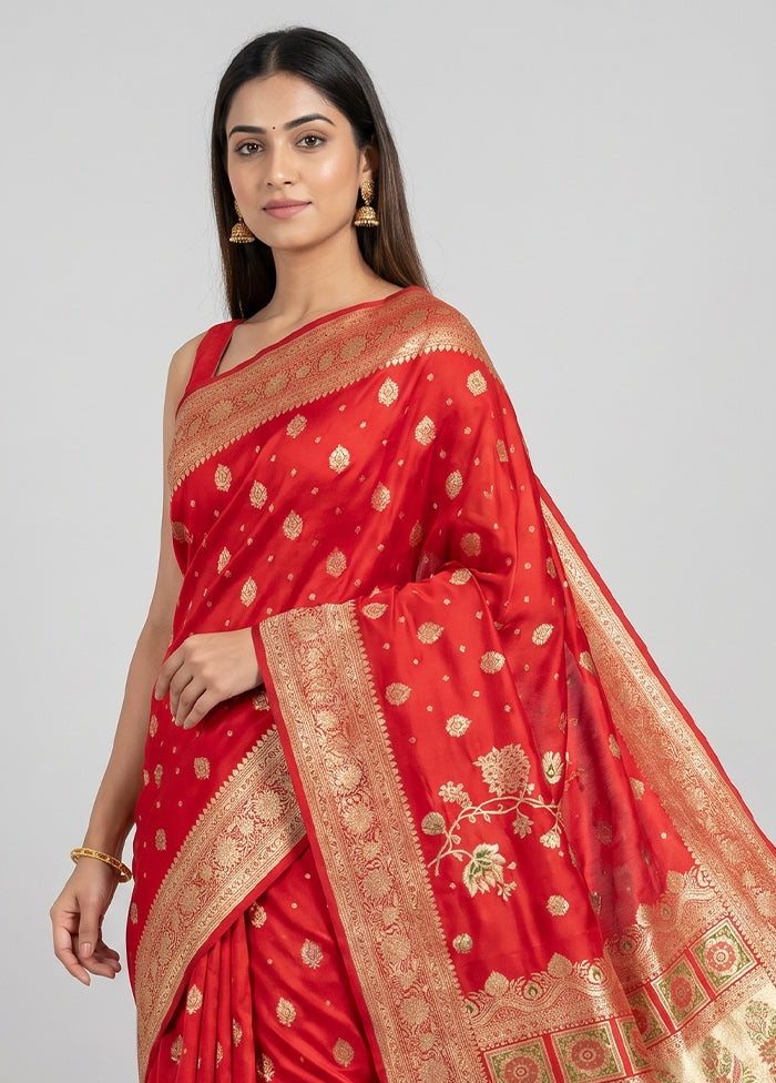 Red Handloom Banarasi Pure Silk Saree With Blouse Piece
