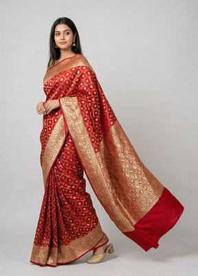 Maroon Handloom Banarasi Pure Silk Saree With Blouse Piece