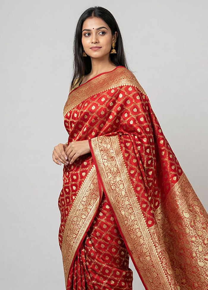Maroon Handloom Banarasi Pure Silk Saree With Blouse Piece