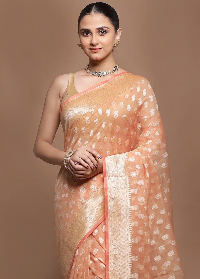 Peach Kora Silk Saree With Blouse Piece