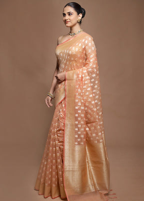 Peach Kora Silk Saree With Blouse Piece