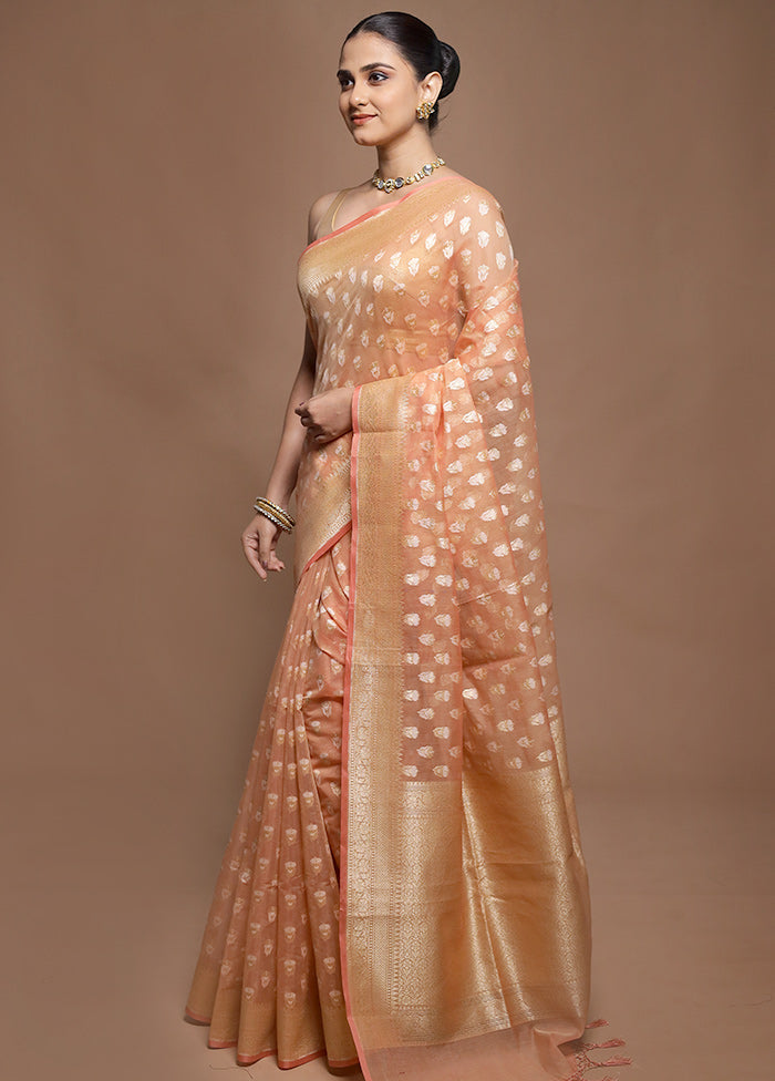Peach Kora Silk Saree With Blouse Piece