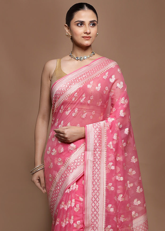 Pink Kora Silk Saree With Blouse Piece