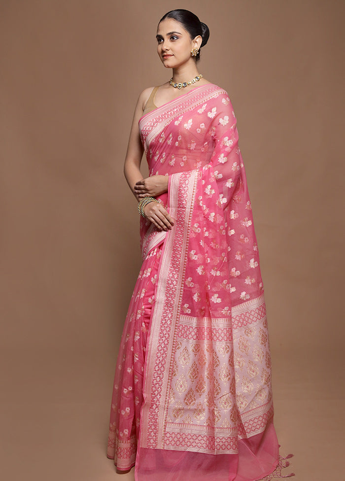 Pink Kora Silk Saree With Blouse Piece