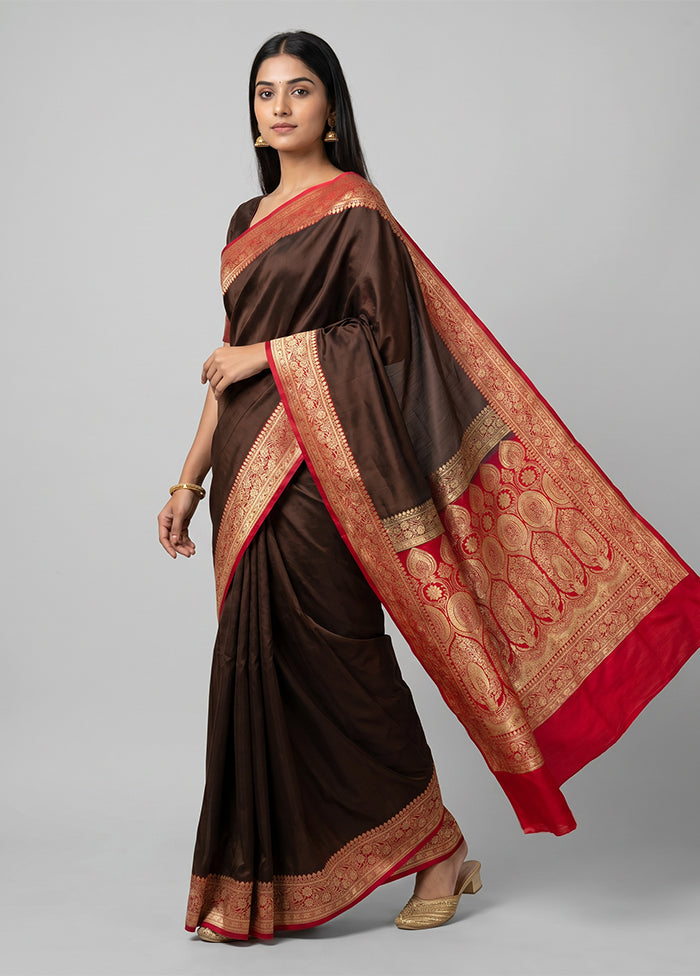 Brown Banarasi Silk Saree With Blouse Piece