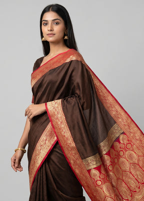 Brown Banarasi Silk Saree With Blouse Piece
