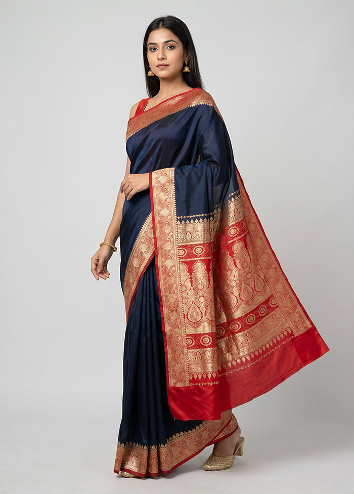 Blue Banarasi Silk Saree With Blouse Piece
