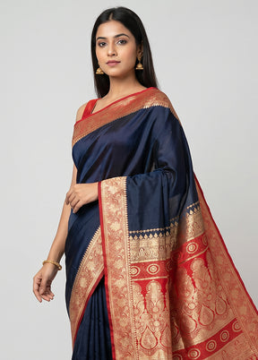 Blue Banarasi Silk Saree With Blouse Piece