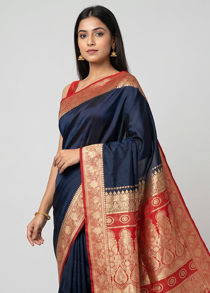 Blue Banarasi Silk Saree With Blouse Piece